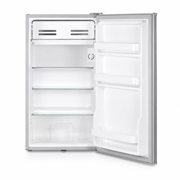 Open-door compact refrigerator on white