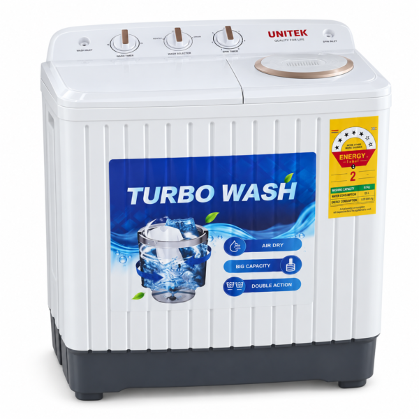 White Unitek Twin-Tub Washer, Lids Open.